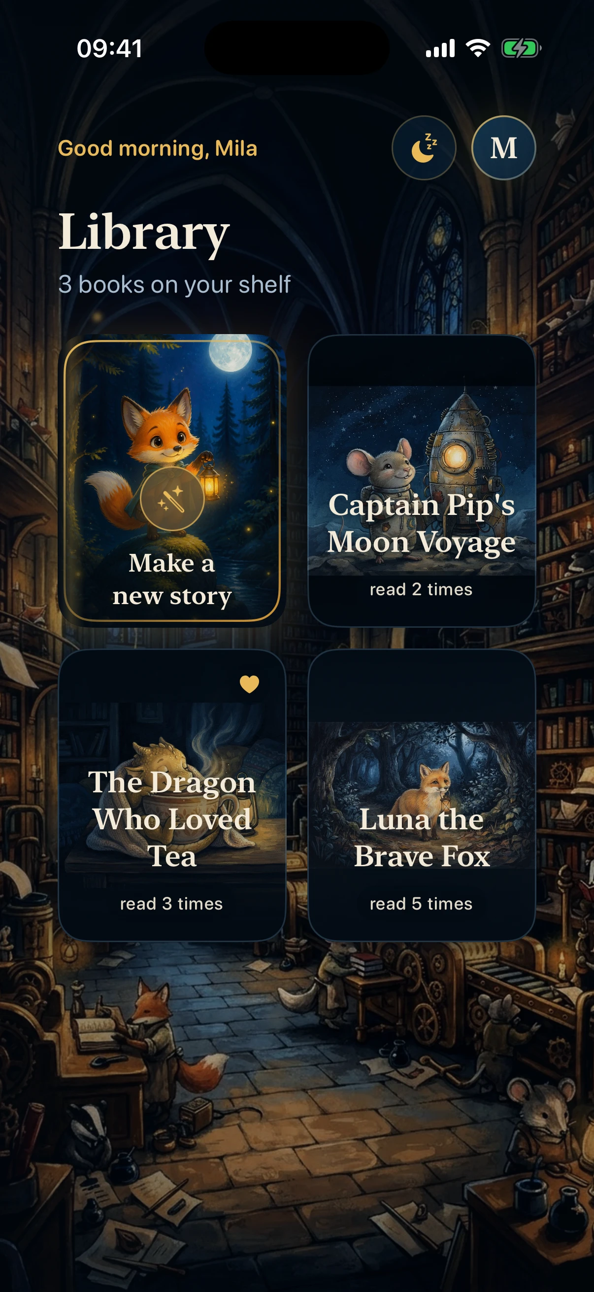 The Magic Storytelling library inside a candle-lit castle book factory, showing a new story tile and saved books