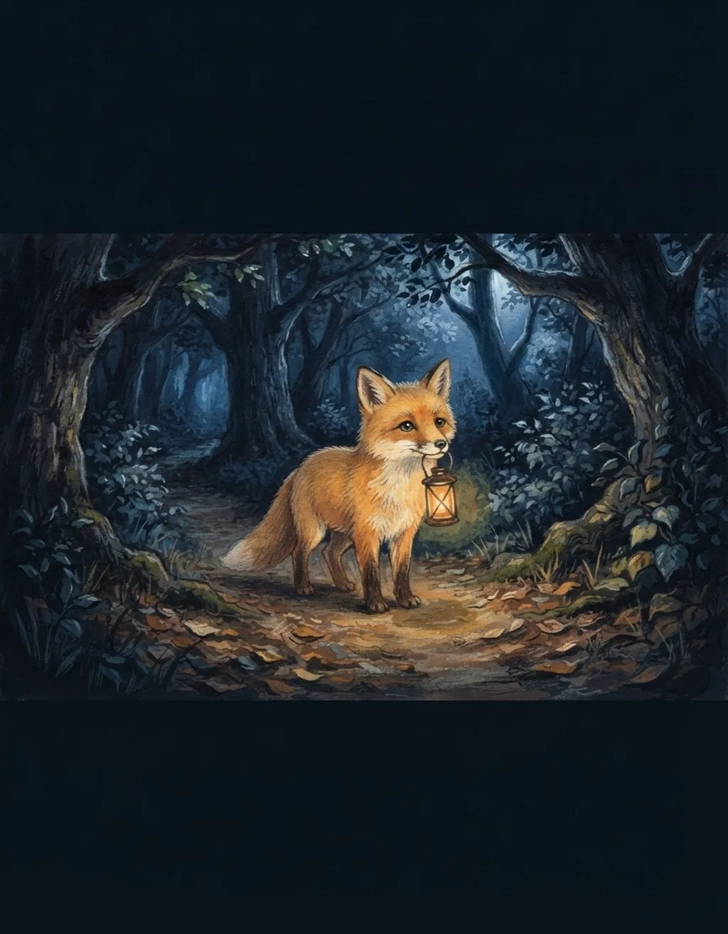 Luna the fox holding a warm lantern in a moonlit forest