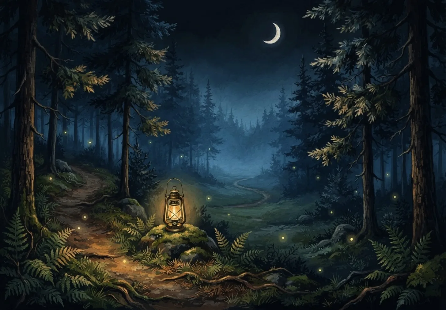 A moonlit forest path illuminated by fireflies