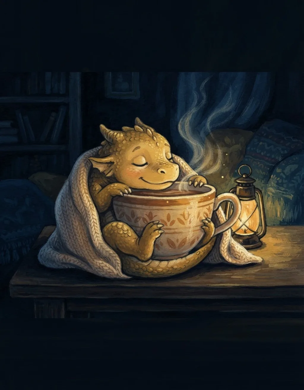 A friendly little dragon holding a warm cup of tea